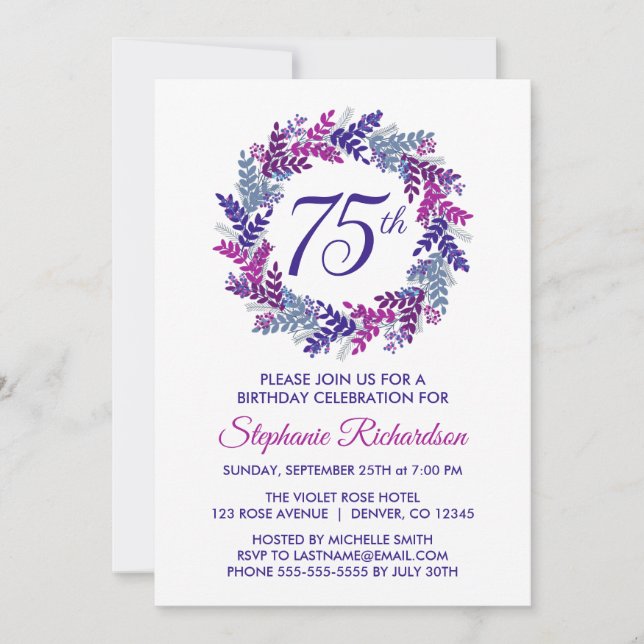Elegant Purple Wreath 75th Birthday Party Invitation (Front)