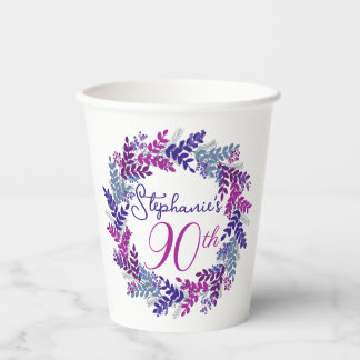 Elegant Purple Wreath 90th Birthday Party Paper Cups