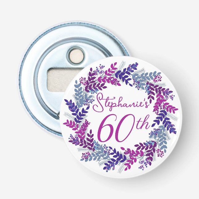 Elegant Purple Wreath Monogram 60th Birthday Party Bottle Opener (Front)