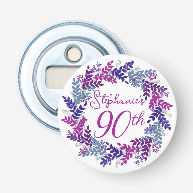 Elegant Purple Wreath Monogram 90th Birthday Party Bottle Opener (Front)