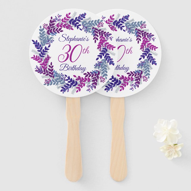 Elegant Purple Wreath Pink 30th Birthday Hand Fan (Front and Back)