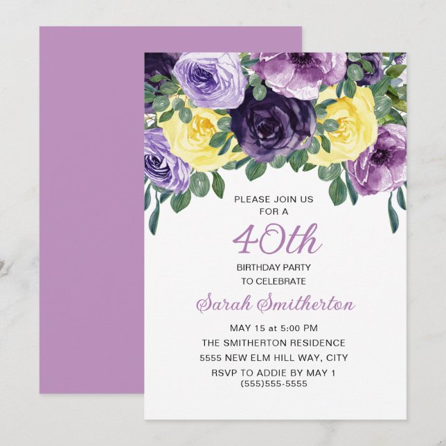 Elegant Purple Yellow Floral 40th Birthday Invitation (Front/Back)