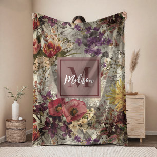 Elegant purple yellow floral grey monogrammed fleece blanket