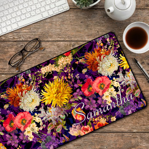 Elegant purple yellow floral pattern desk mat