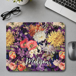 Elegant purple yellow floral pattern mouse pad