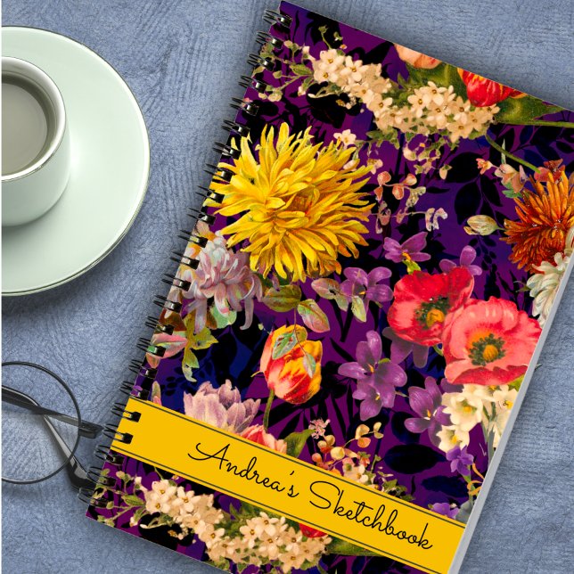 Elegant purple yellow floral pattern notebook (Creator Uploaded)