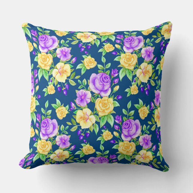 Elegant Purple Yellow Rose Floral Pattern Throw Pillow (Front)
