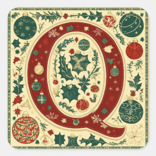 Elegant Q: Christmas Red, Green, and Gold Square Sticker