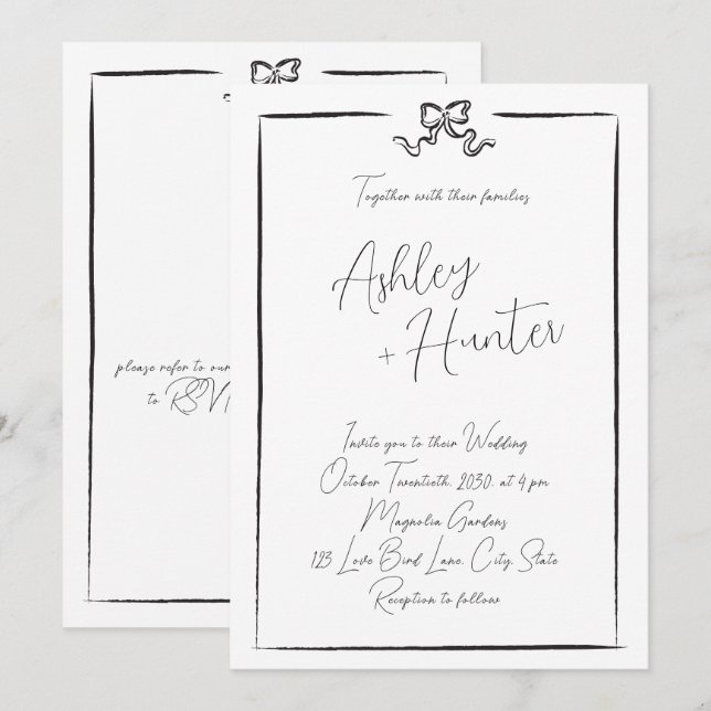 Elegant QR Code Black Hand Drawn Bow  Invitation (Front/Back)
