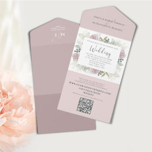 Elegant QR Code Blush Pink RSVP Online Floral Rose All In One Invitation