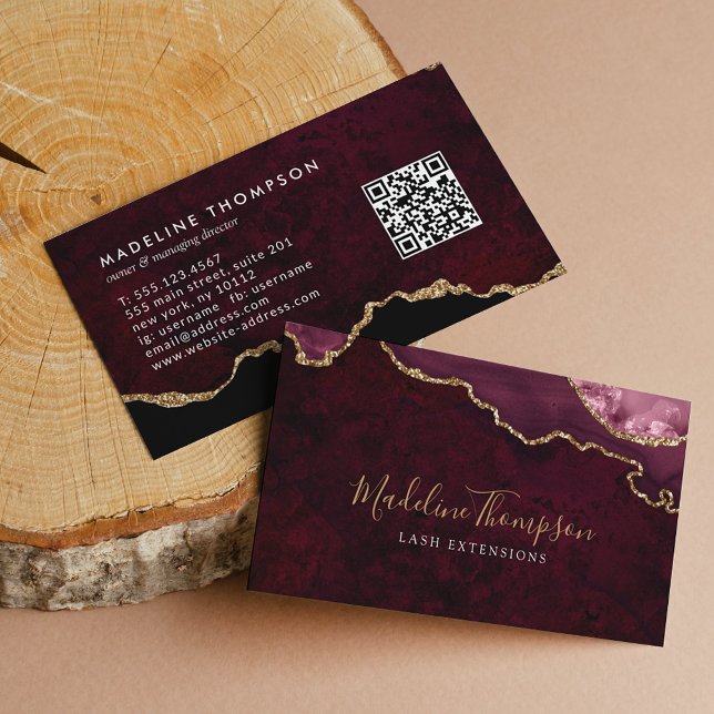 Elegant QR Code Burgundy Marble Agate Geode Business Card (Creator Uploaded)