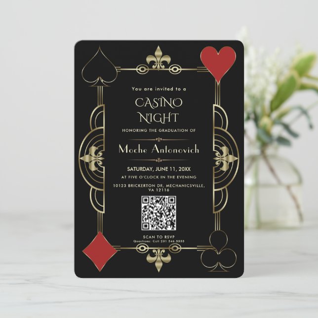 Elegant QR Code Las Vegas Casino Night Graduation  Invitation (Standing Front)