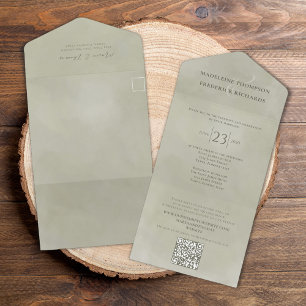 Elegant QR Code Online RSVP Sage Watercolor Green All In One Invitation