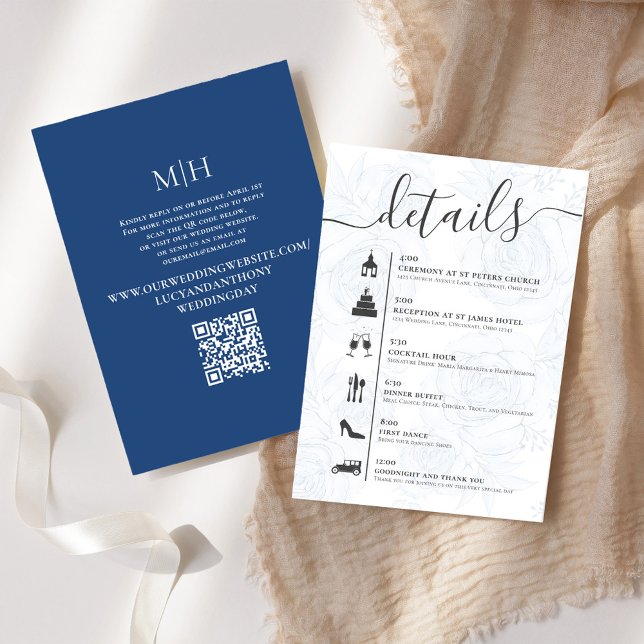 Elegant QR Code Online RSVP Wedding Timeline Blue Enclosure Card (Wedding details card with a creative timeline with a scannable QR Code. )
