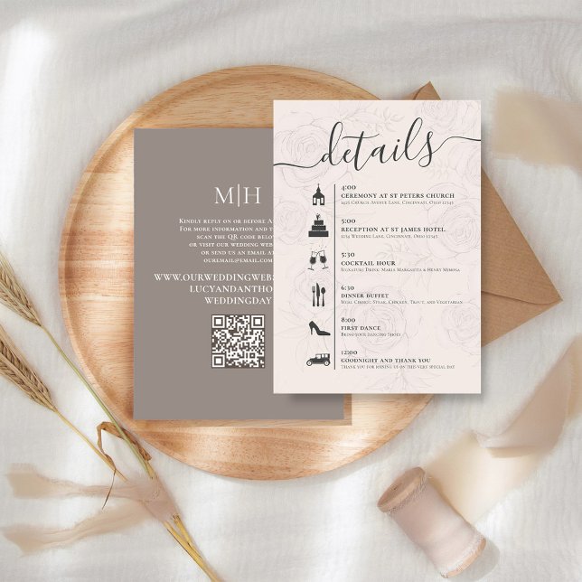 Elegant QR Code Online RSVP Wedding Timeline Blush Enclosure Card (Wedding details card with simple timeline and QR code Online RSVP)