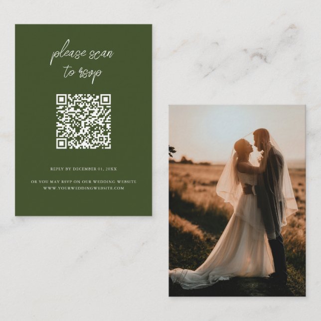 Elegant QR Code Photo Olive Green Wedding RSVP Enclosure Card (Front/Back)