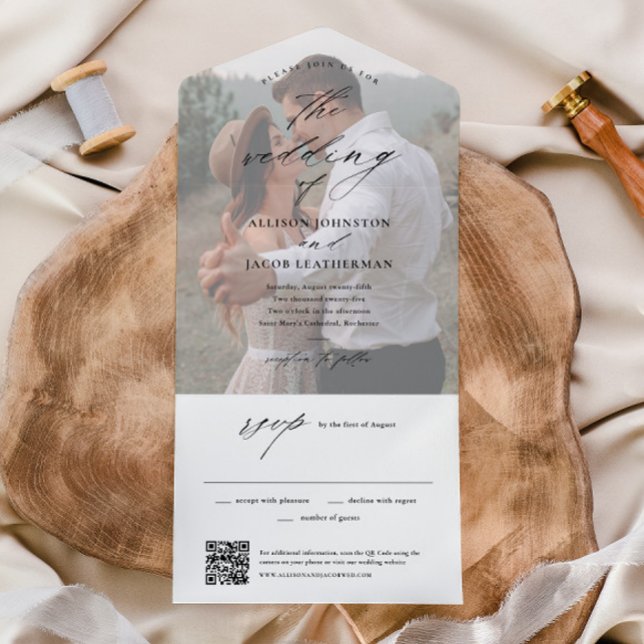 Elegant QR Code Photo Wedding All In One Invitation (Elegant Script Photo Wedding All in One Invitation with Tear off  RSVP Card.)