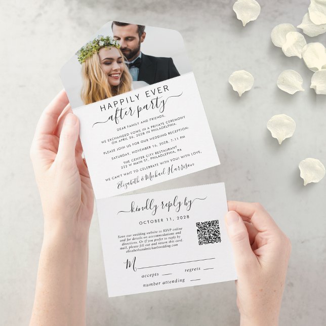 Elegant QR Code Photo Wedding Reception All In One Invitation (An chic Happily Ever After Party all-in-one invitation for your wedding celebration)
