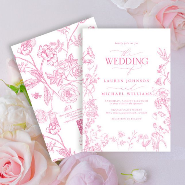Elegant QR Code Pink Chinoiserie Wedding Invitation (Creator Uploaded)