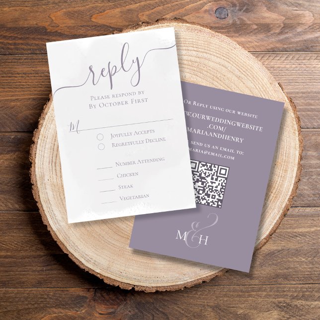 Élégant QR Code Repas Classique RSVP Lavender (Classic RSVP meal choice Reply card with a scannable QR Code,)
