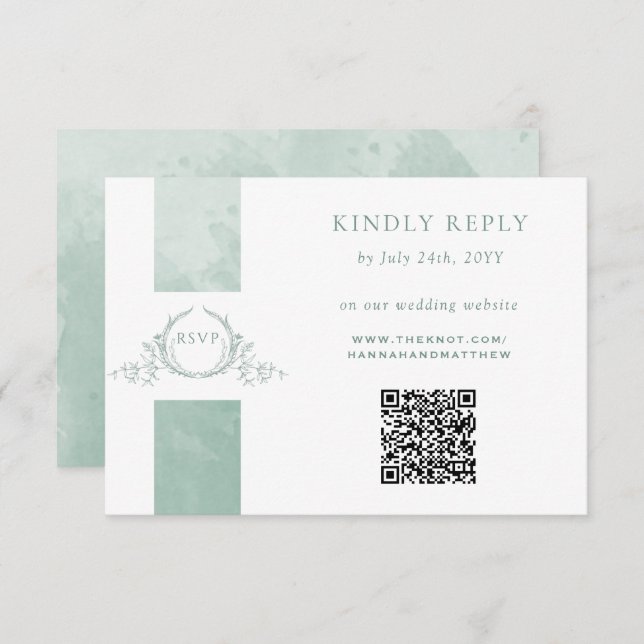 Elégant QR Code RSVP Pale Green Monogram Mariage (Devant / Derrière)