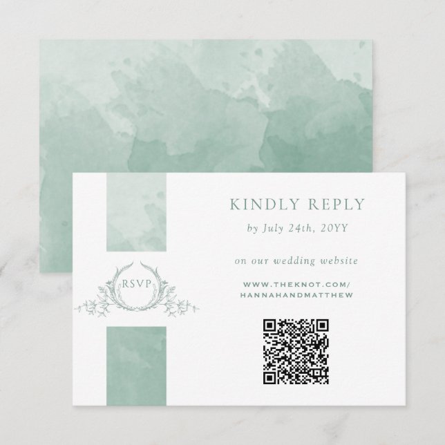 Elegant QR Code RSVP Pale Green Monogram Wedding (Front/Back)