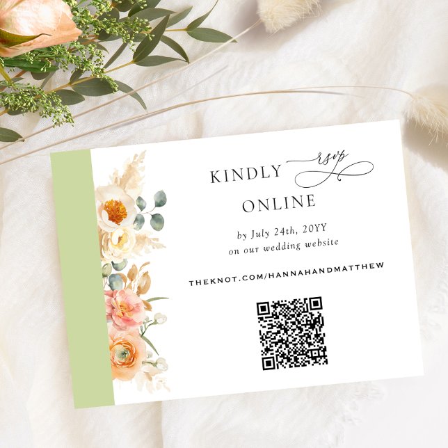 Elegant QR Code RSVP Peach and Green Wedding Enclosure Card (Creator Uploaded)