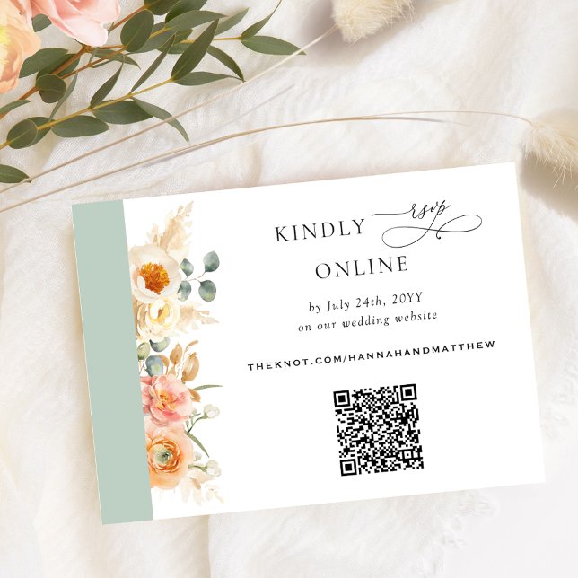 Elegant QR Code RSVP Peach and Sage Green Wedding Enclosure Card (Creator Uploaded)