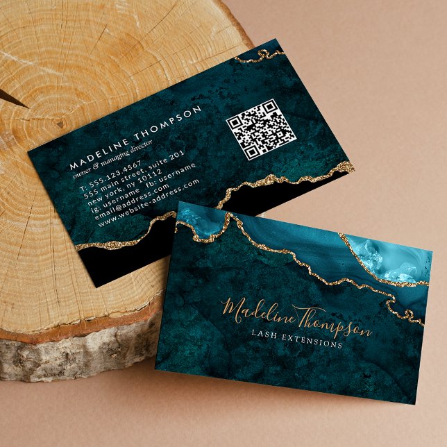 Elegant QR Code Teal Green Marble Agate Geode Business Card (Creator Uploaded)