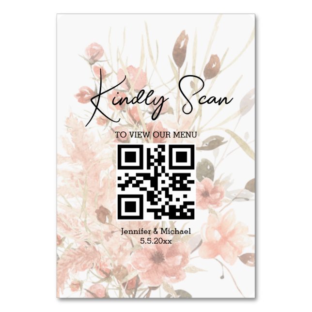 elegant  qr code wedding menu botanical boho table number (Front)