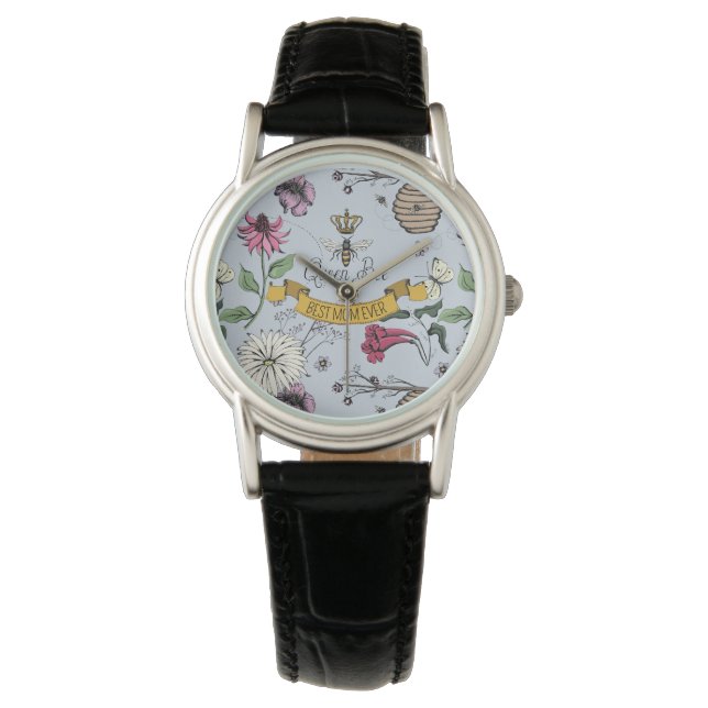 Elegant Queen Bee & Gold Crown Best Mom Ever Watch (Front)