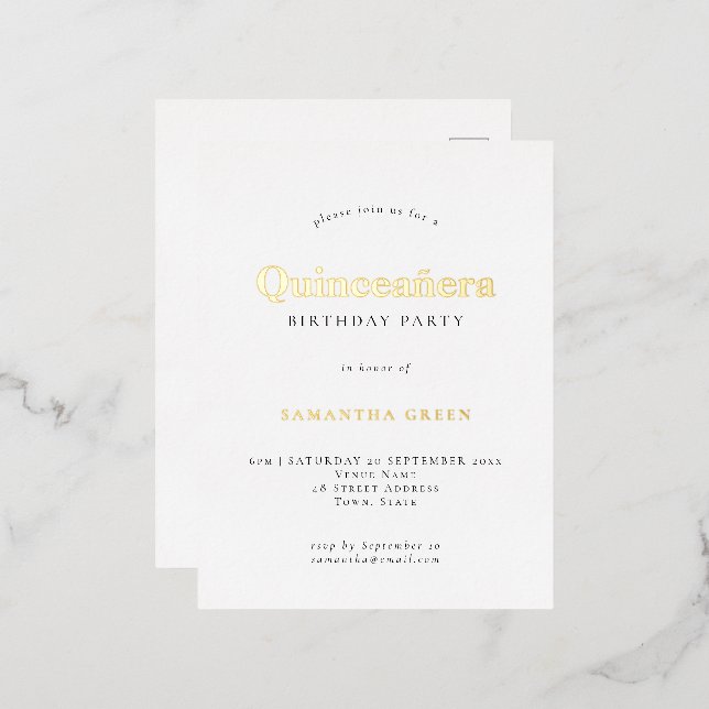 Elegant Quinceañera Birthday Party Glam Real  Foil Invitation Postcard (Front/Back)