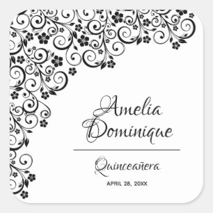 Elegant Quinceañera Black and White Square Sticker