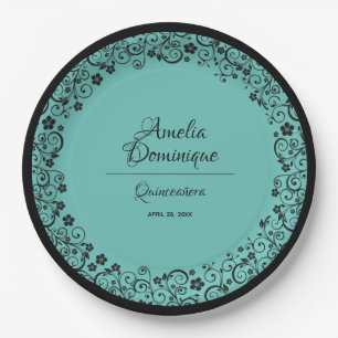 Elegant Quinceañera Black Lace on Turquoise Paper Plate
