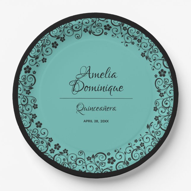 Elegant Quinceañera Black Lace on Turquoise Paper Plate (Front)