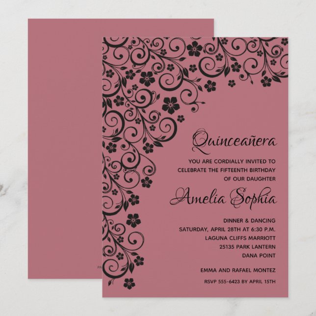 Elegant Quinceañera Black & Rose Gold Swirls (Front/Back)