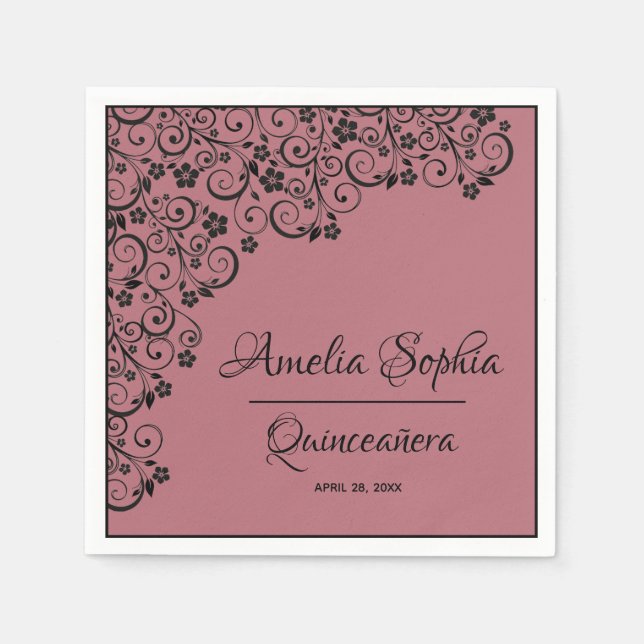 Elegant Quinceañera Black Swirls on Rose Gold Pink Napkin (Front)