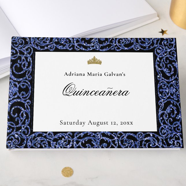 Elegant Quinceanera Blue Scrollwork Guest Book (Creator Uploaded)