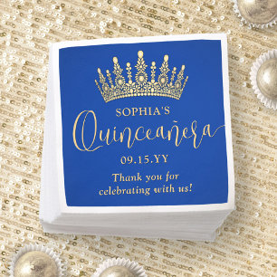 Elegant Quinceañera Crown Chic Royal Blue and Gold Napkin