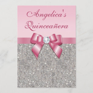 Elegant Quinceañera Faux Silver Sequins Pink Bow Invitation