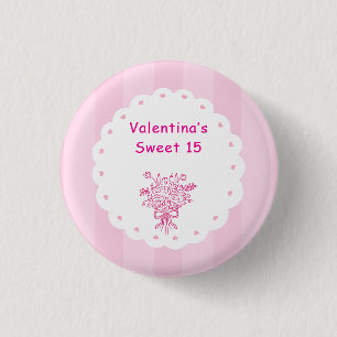 Elegant Quinceañera Floral Bouquet Pink & White 1 Inch Round Button