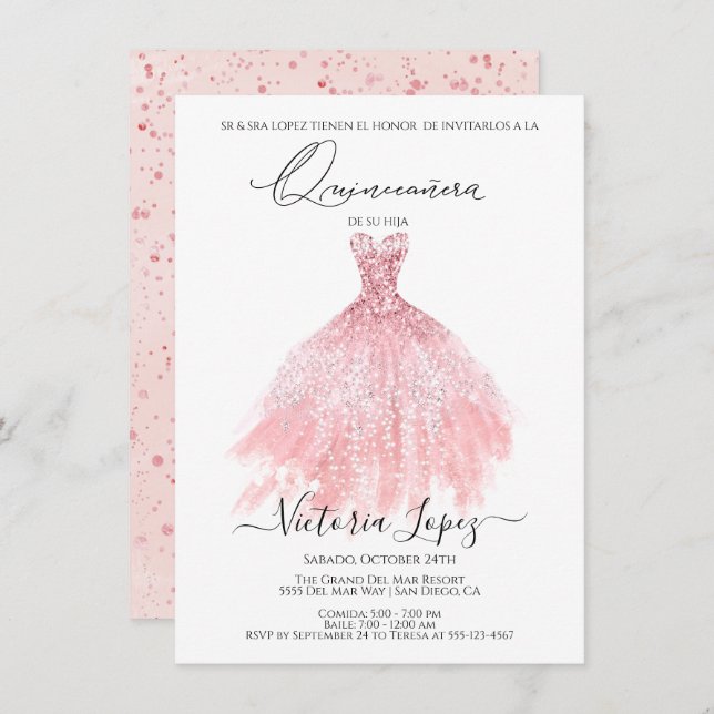 Elegant Quinceañera Glitter Sparkle Spanish Quince Invitation (Front/Back)