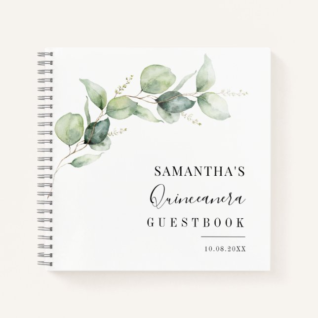 Elegant Quinceanera Greenery 15th Birthday Guest Notebook (Front)