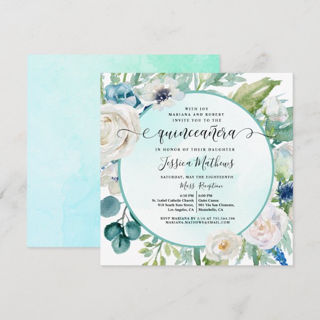 Elegant Quinceañera in Aqua Turquoise Teal Floral  Invitation (Front/Back)