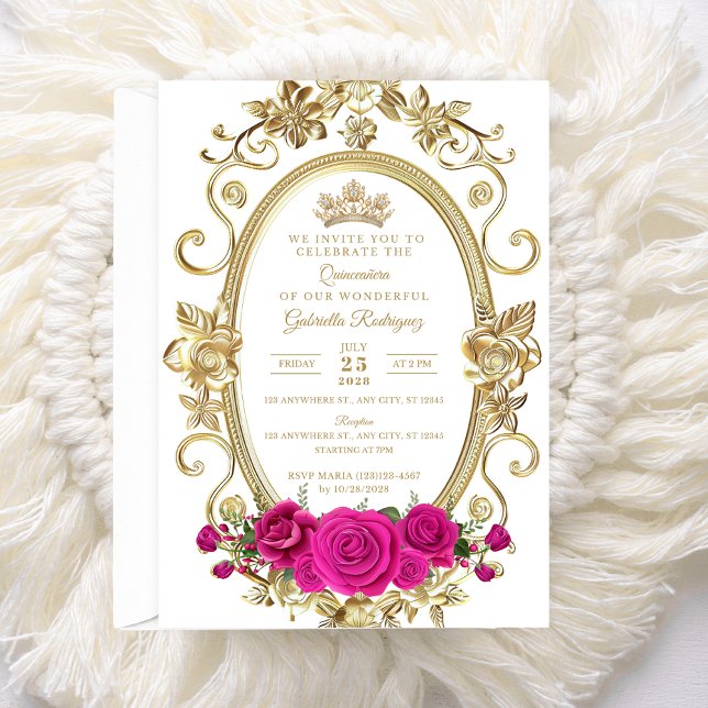 Elegant Quinceañera Invitation Floral Gold Pink Z5 (Creator Uploaded)