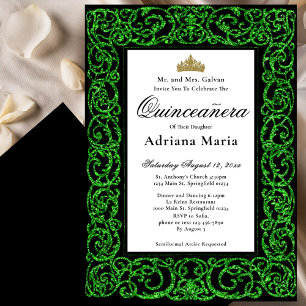 Elegant Quinceanera Invitation Green Scrollwork