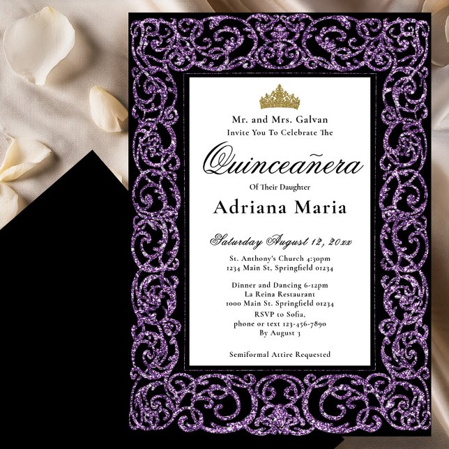 Elegant Quinceanera Invitation Purple Scrollwork (Creator Uploaded)