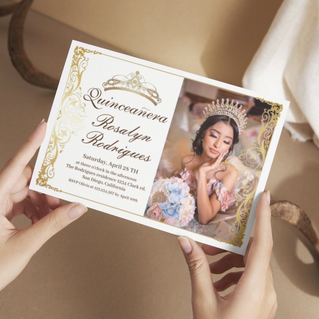 Elégant Quinceanera Or blanc | Invitation photo (Créateur téléchargé)