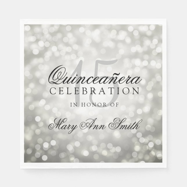 Elegant Quinceanera Party Silver Bokeh Lights Napkin (Front)