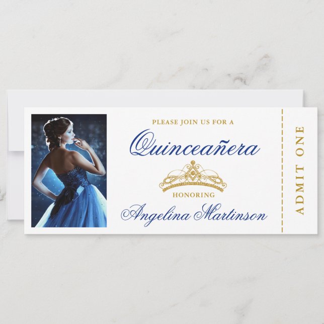 Elegant Quinceanera Photo Royal Blue Gold Ticket Invitation (Front)
